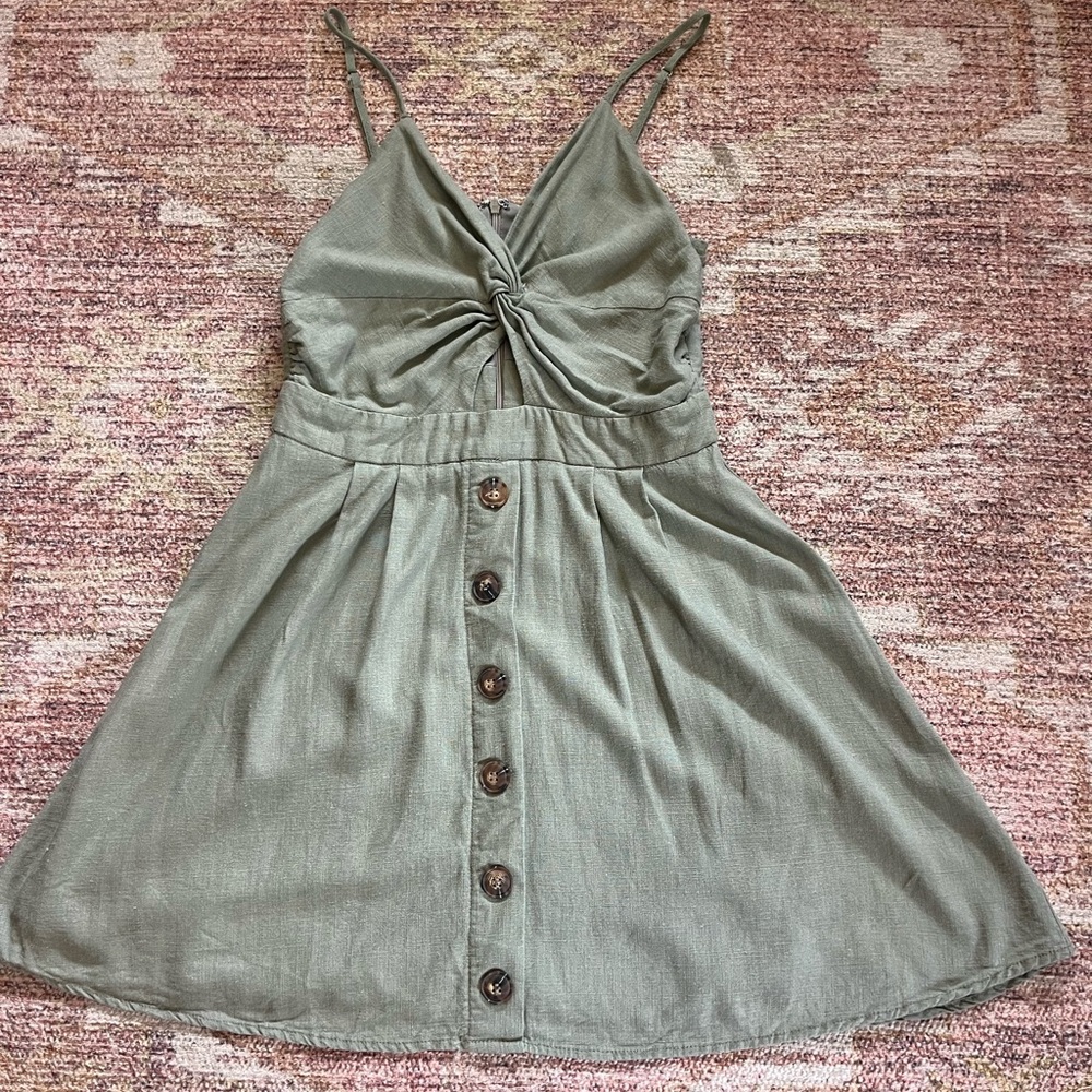 Loveriche Linen Blend Mini Dress Twist Front Center Cut Lined Women’s M Green